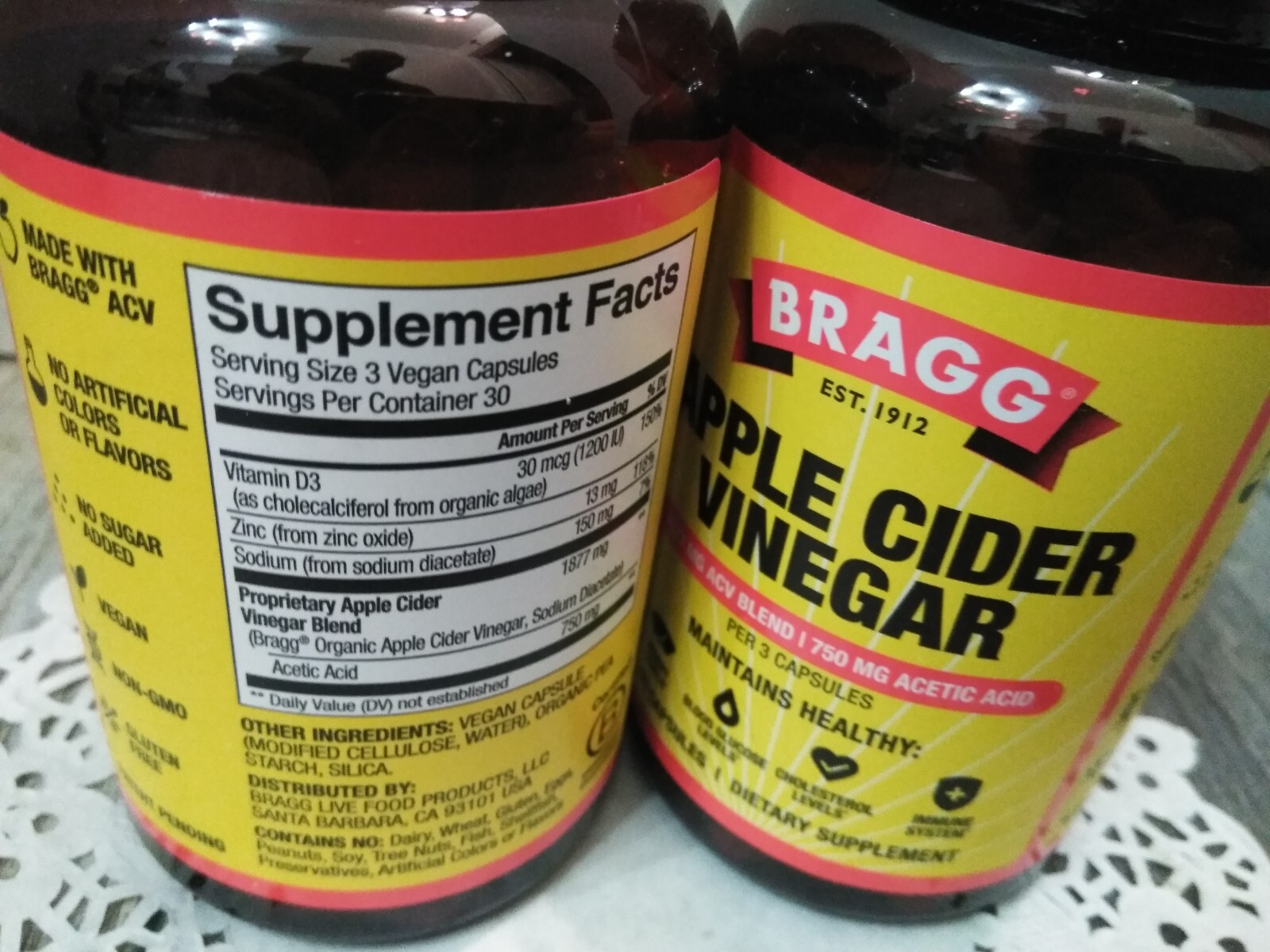 BRAGG Apple Cider Vinegar 90 Capsules EACH 750 Mg Acetic Acid ( 2PK BUNDLE)