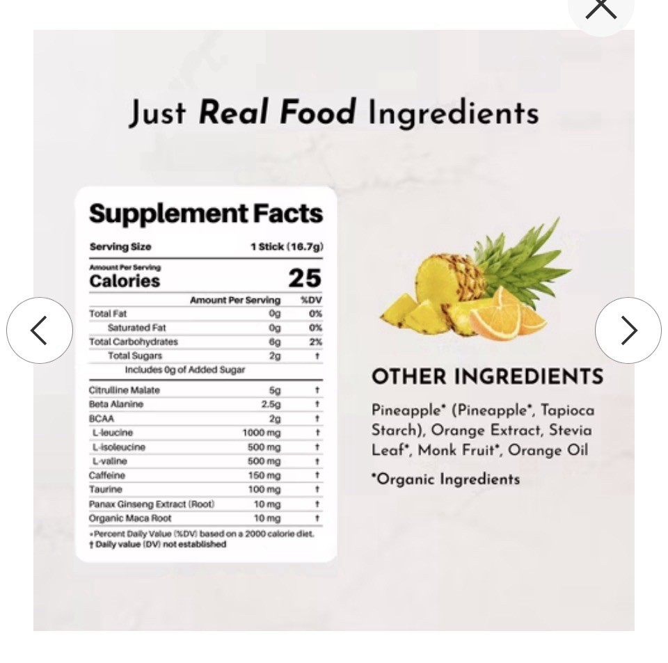 *2*JUST INGREDIENTS Pre-Workout Sports Drink Powder Packet Orange Pineapple-10ct