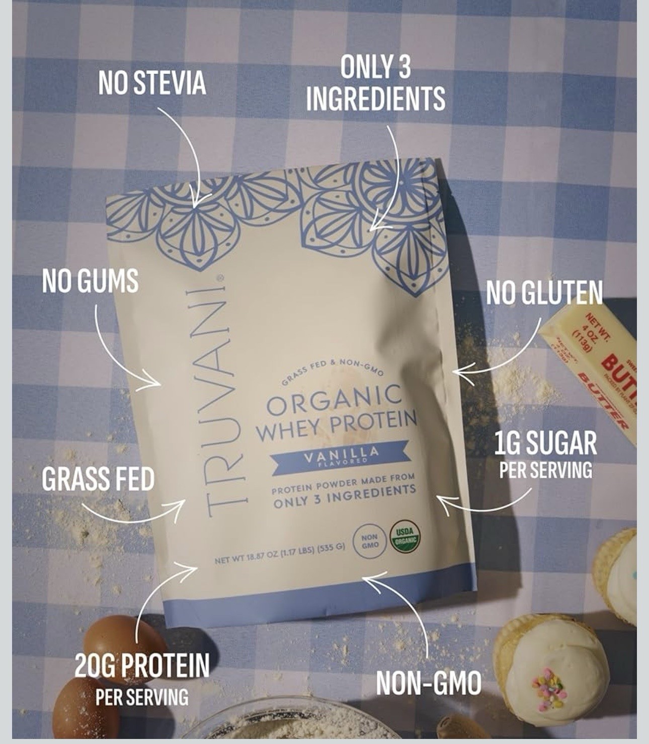 Truvani Organic Whey Protein Powder Vanilla, Non-GMO,Gluten-Free,18.87oz,Exp2028