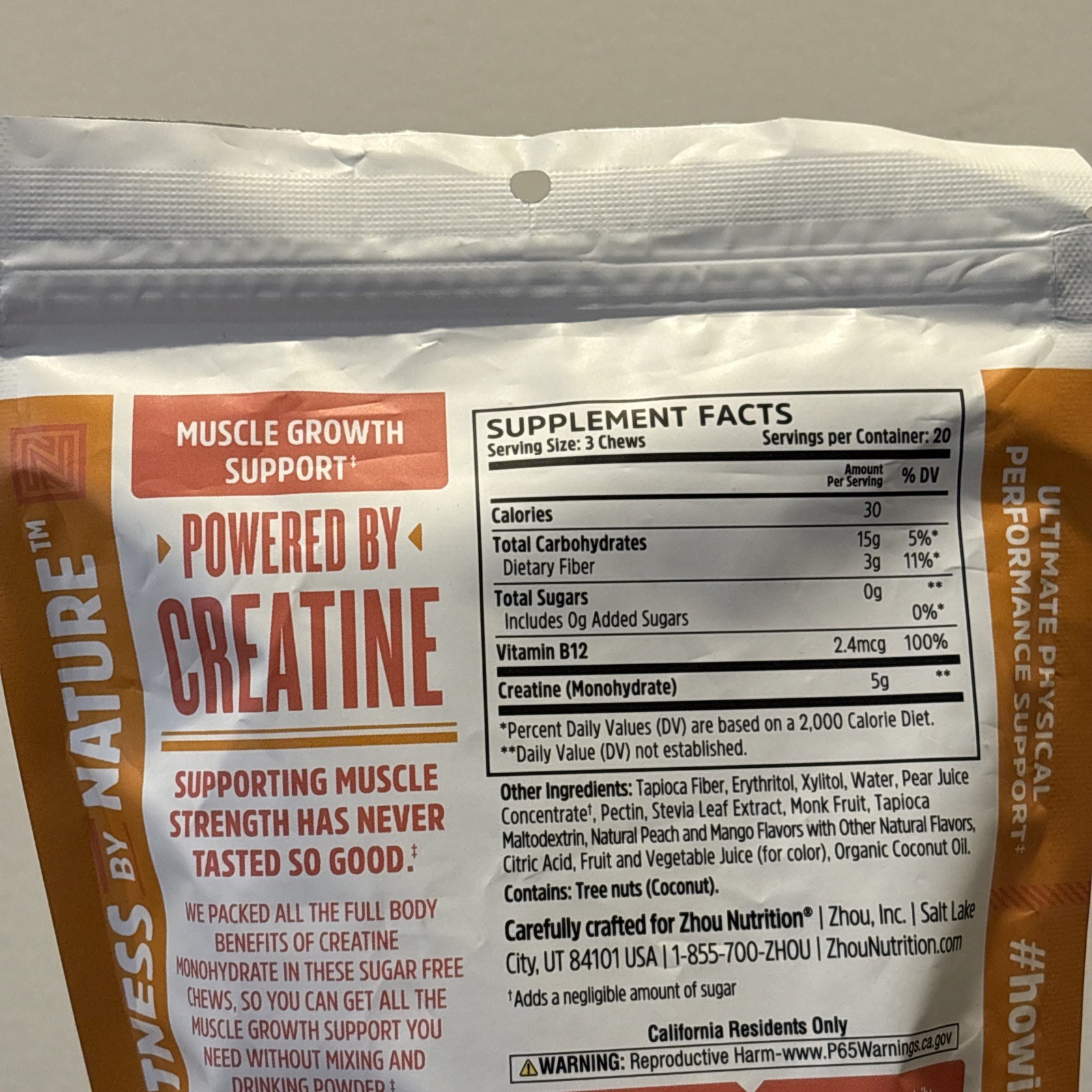 Zhou, Creatine Chews, Muscle Growth Support, Peach Mango, 60 Chews, EXP 12/2026