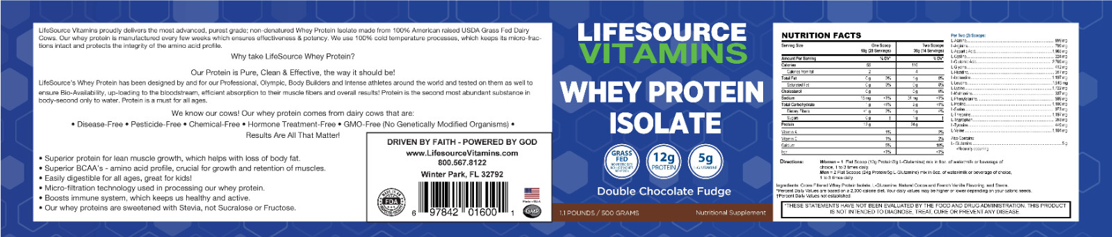 LifeSource Vitamins Whey Protein ISOLATE Double Chocolate Fudge 1.1lb
