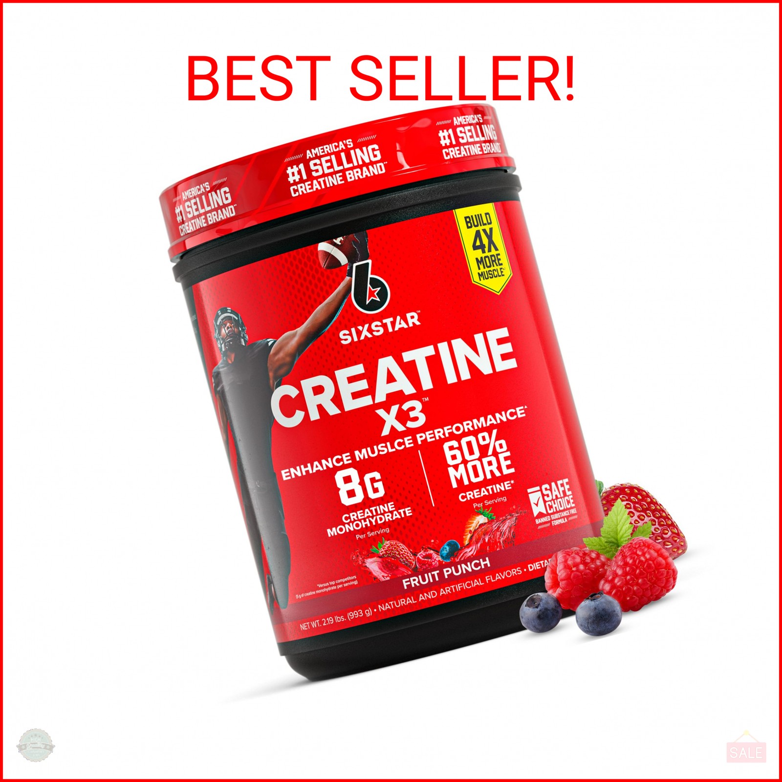 Six Star Creatine Monohydrate Powder, X3 (Fruit Punch) – Flavored Creatine HCl P