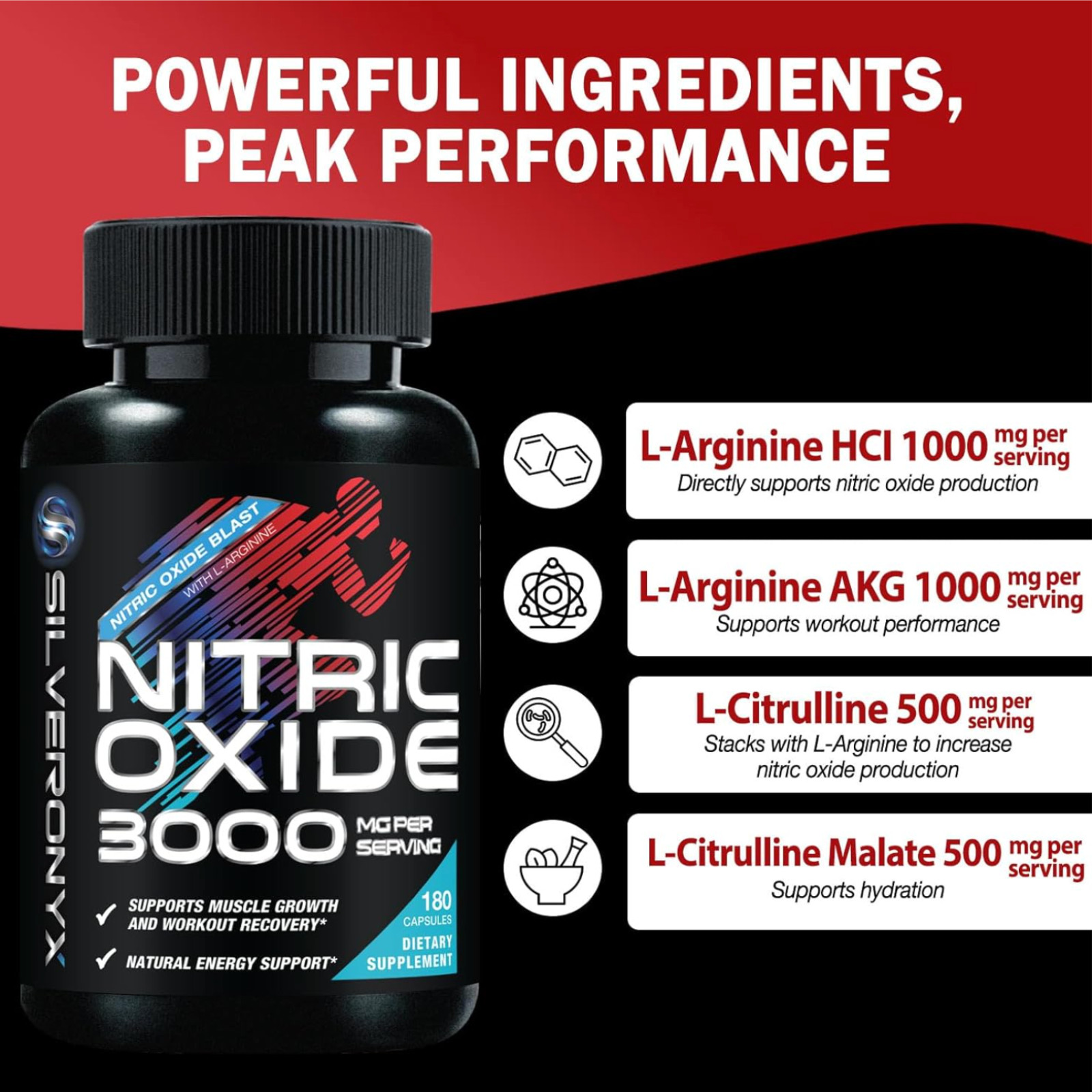 Potenciador de óxido nítrico, energía natural y apoyo muscular, 180 cápsulas
