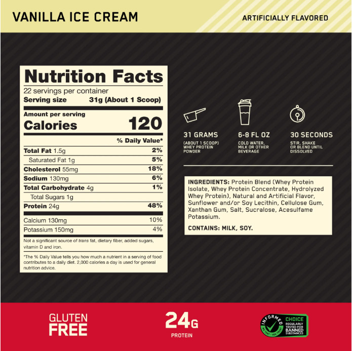 Optimum Nutrition Gold Standard Whey Protein, Vanilla Ice Cream, 22 Servings