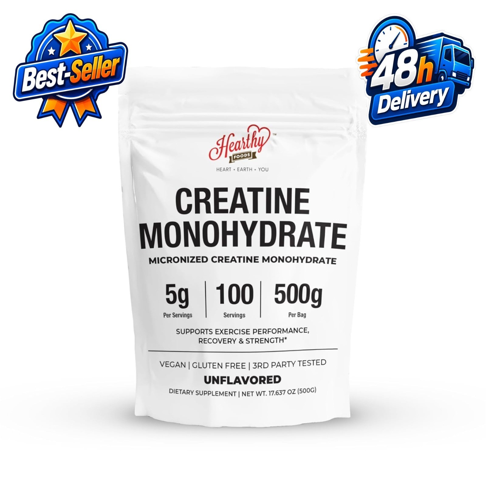 Hearthy Foods Creatine Monohydrate Powder 500G – Unflavored, 100 Servings