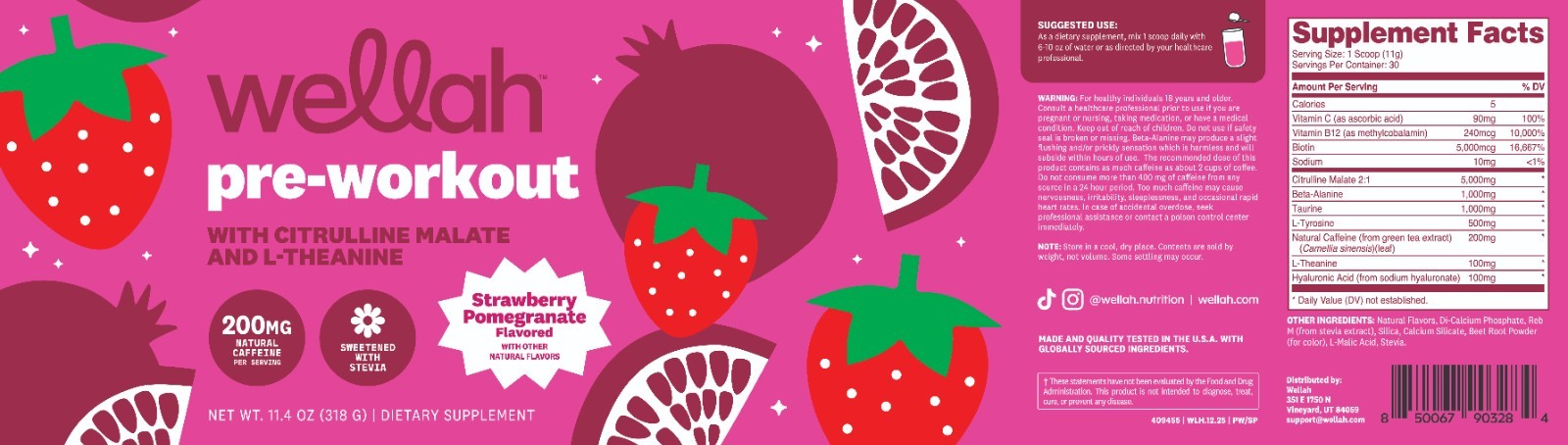 Wellah Get-Going Pre-Workout Drink Mix, Strawberry Pomegranate Flavored