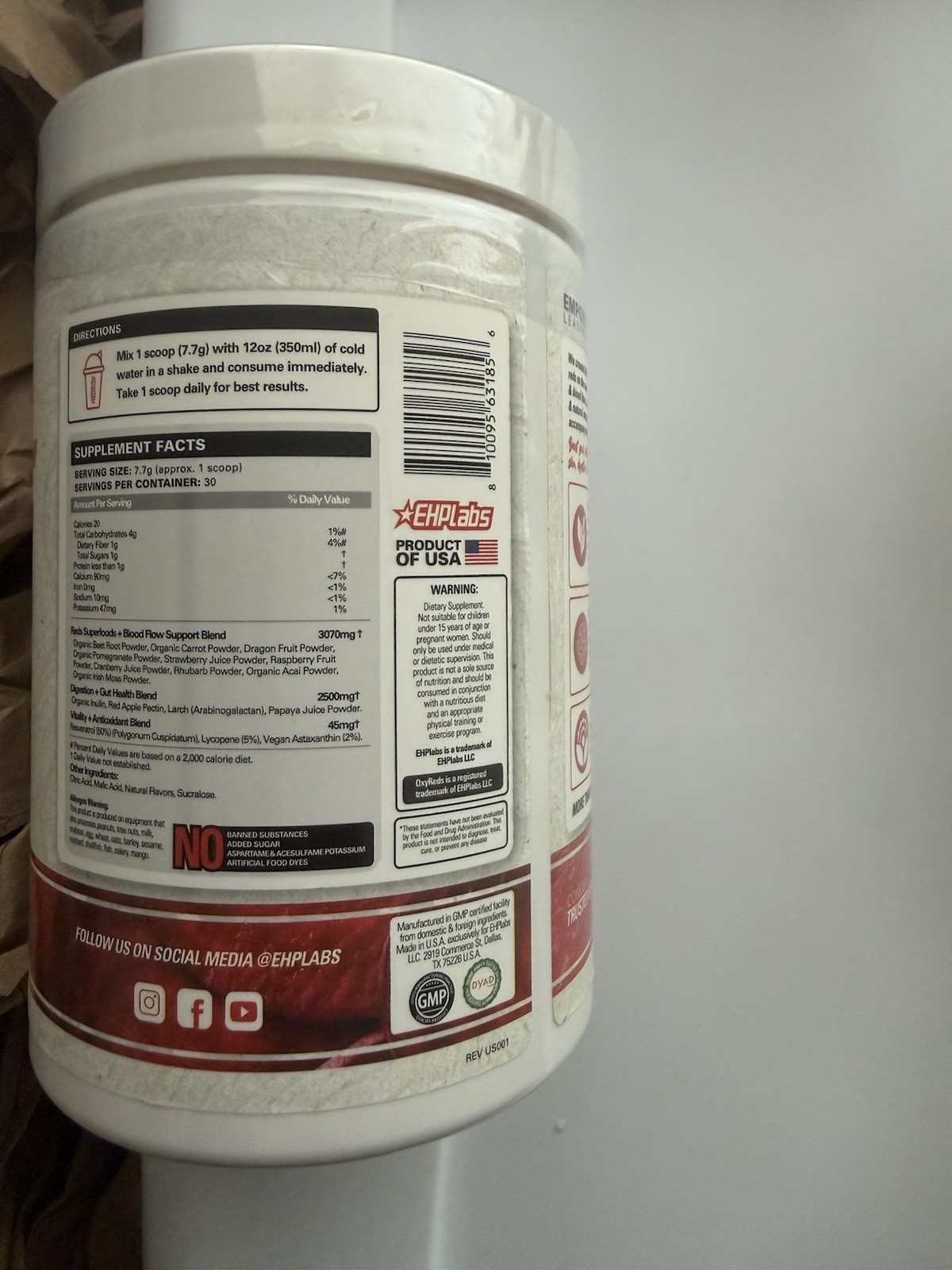 EHPlabs OxyReds Daily Red Superfoods Powder Raspberry Refresh 30 Serves 8.15 oz