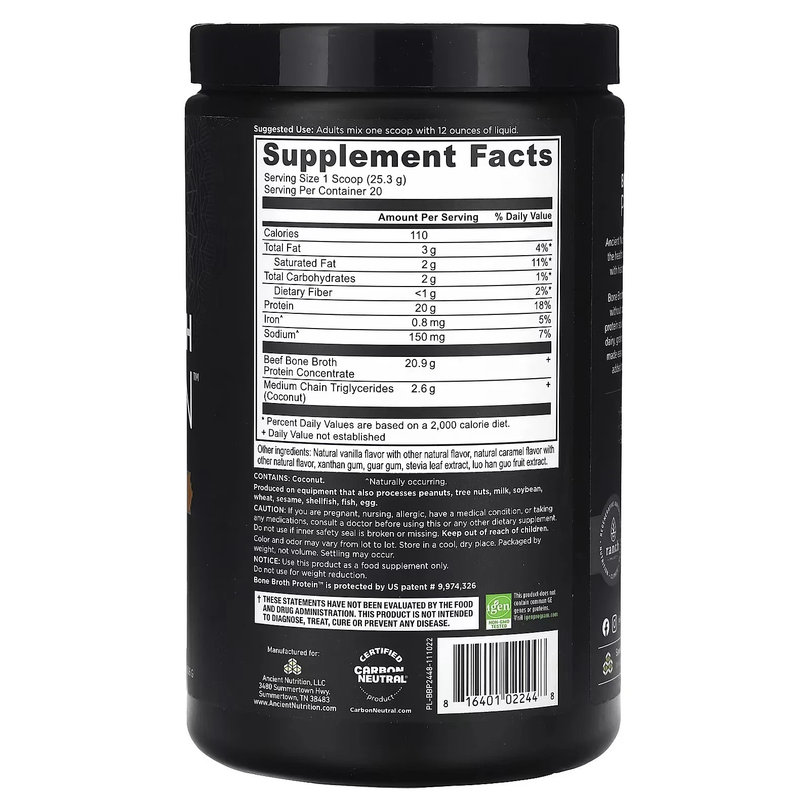 Ancient Nutrition Bone Broth Protein Salted Caramel 1.1 lb (506 g) – 17.8 OZ