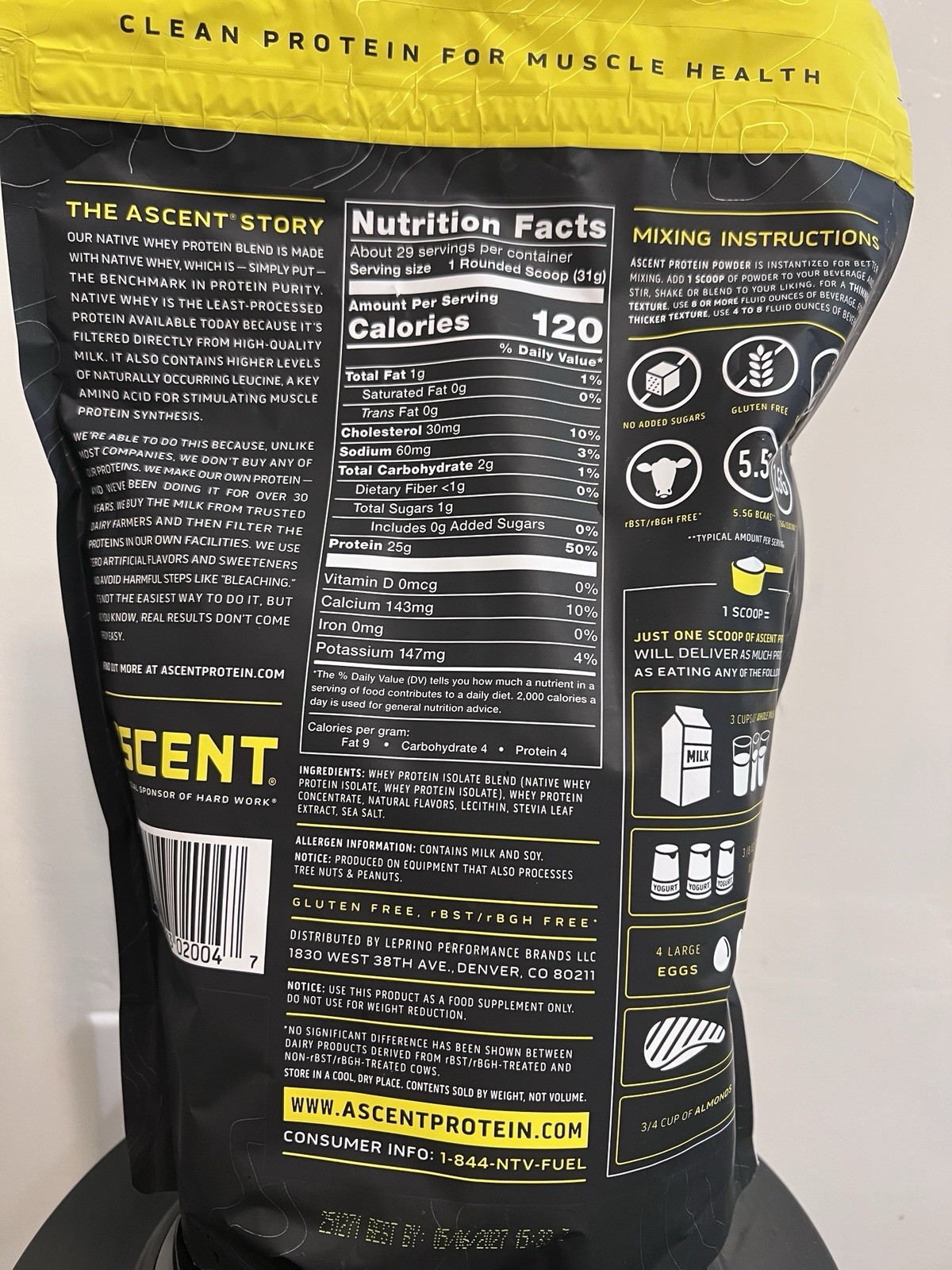 Ascent 100% Whey Protein Powder Gluten-Free No Added Sugars Vanilla Bean 2 lb