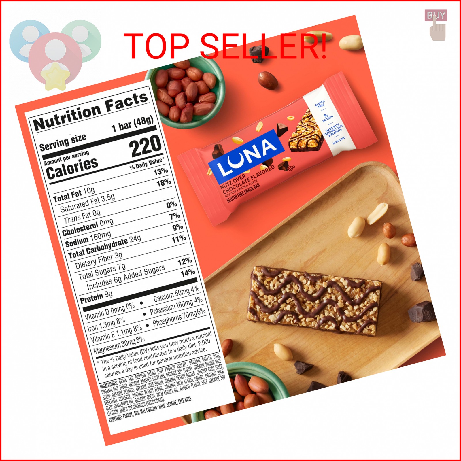 LUNA Bar – Nutz Over Chocolate Flavor – Gluten-Free – Non-GMO – 7-9g Protein – M