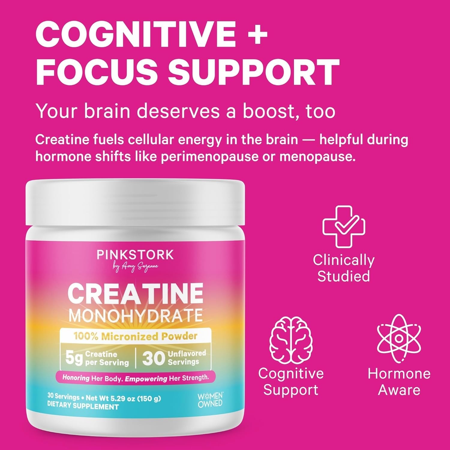 Pink Stork Creatine Powder – By Women for Women – 5g Unflavored – 5.29 oz.