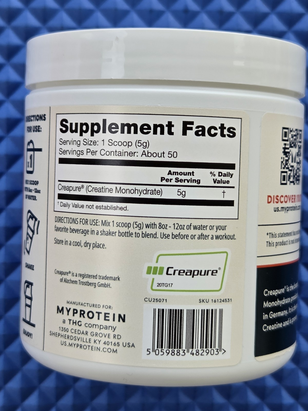 Myprotein Creapure Creatine Monohydrate Powder Pure Unflavored 50 Servings 250g