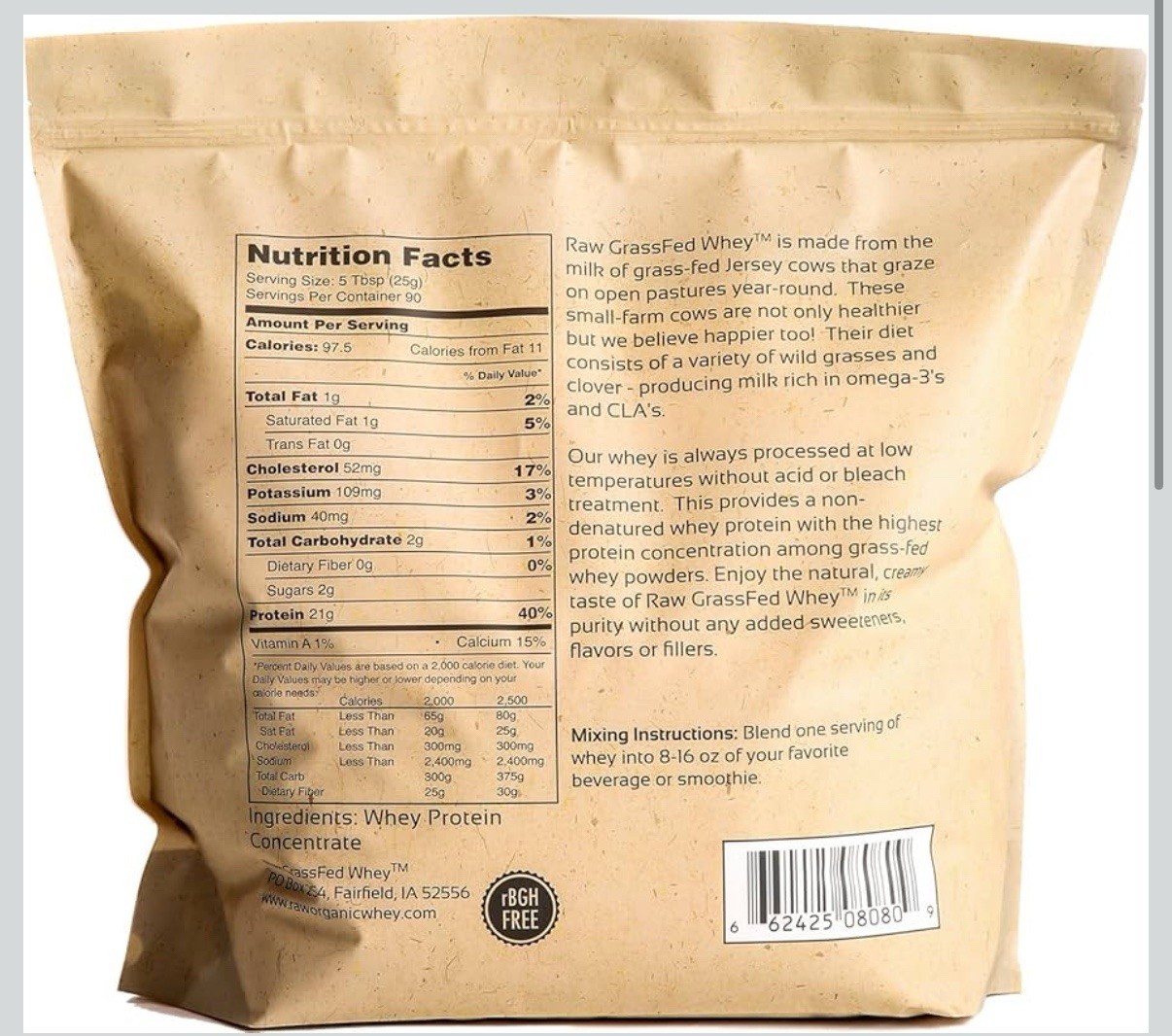 Raw Grass Fed Whey Unflavored Protein Powder – No Additives, Undenatured, 5 lbs
