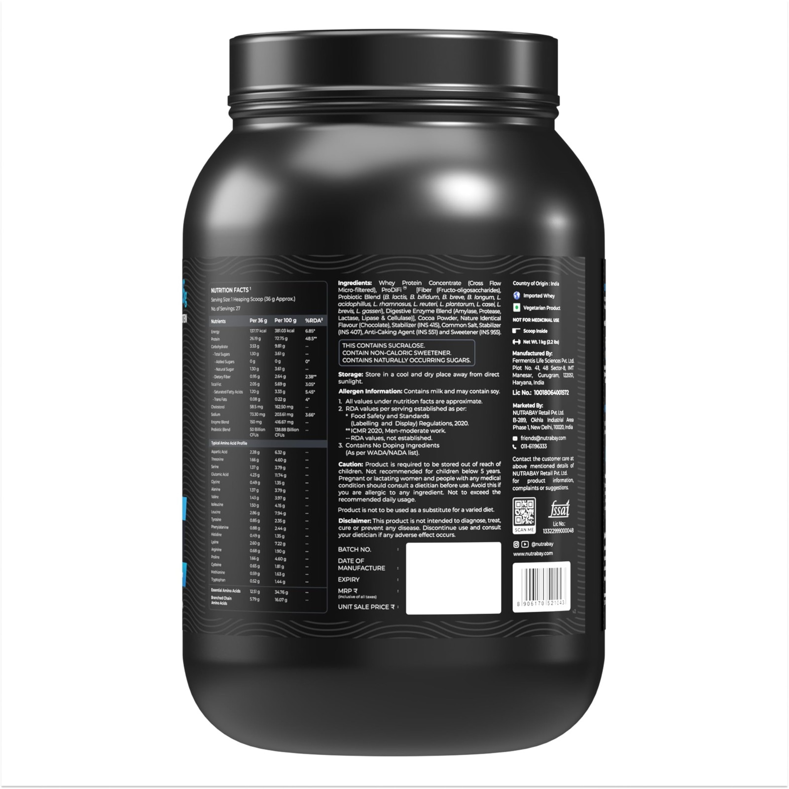 Nutrabay Whey Protein 1kg Chocolate | 26g Protein