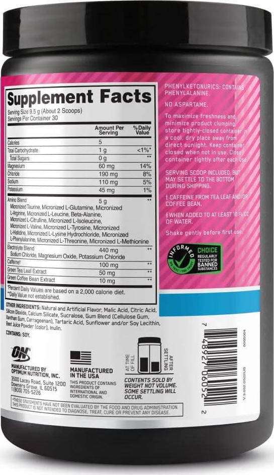 Optimum Nutrition Amino Energy Powder Plus Hydration, Watermelon Splash, 30