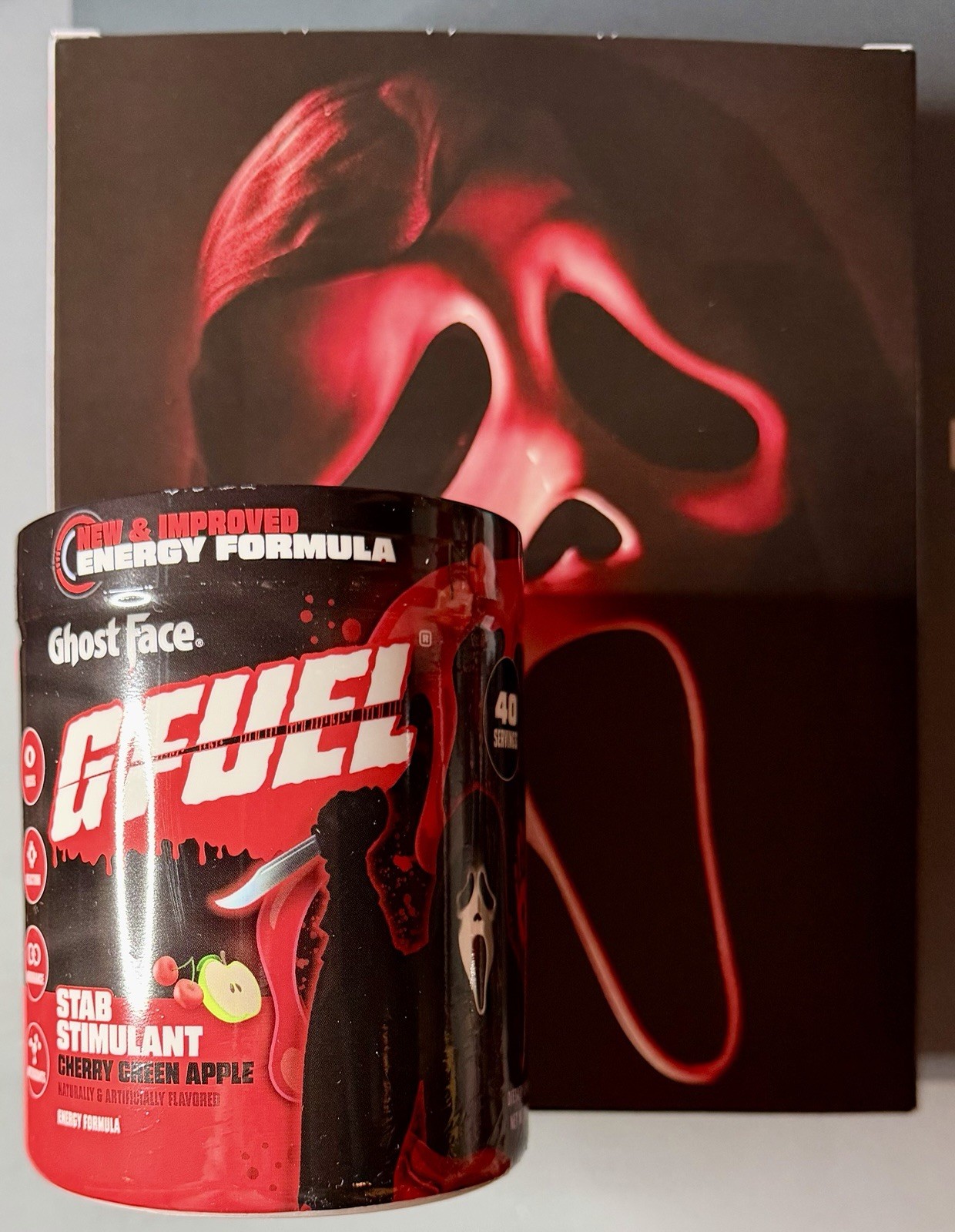 G Fuel Scream Ghost Face Stab Stimulant 2.0 Collector’s Box, Tub, & Sticker