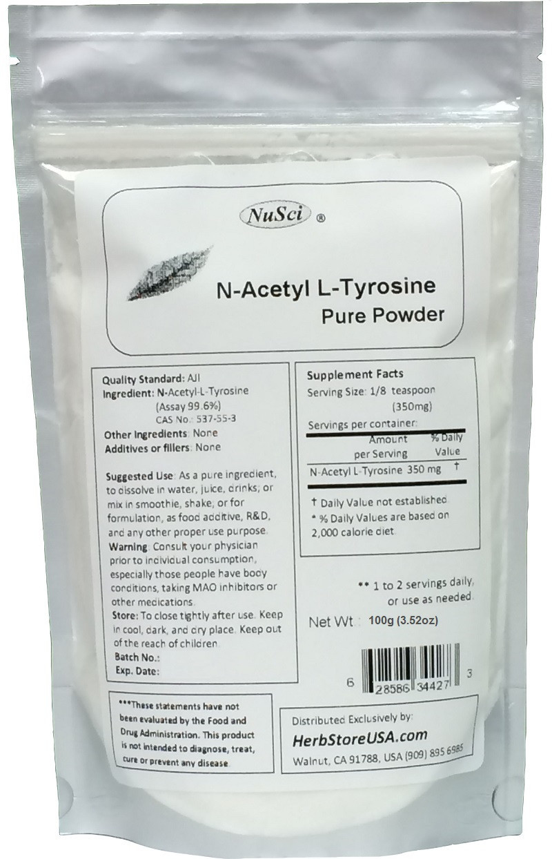 NuSci N-Acetyl L-Tyrosine Powder 100g (3.52oz) bioavailable alertness muscle