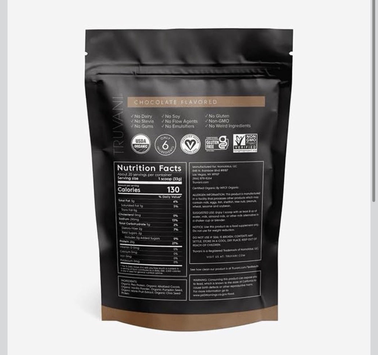 Truvani Organic Plant-Based Protein Powder Chocolate Non-GMO Gluten Free 23.63oz