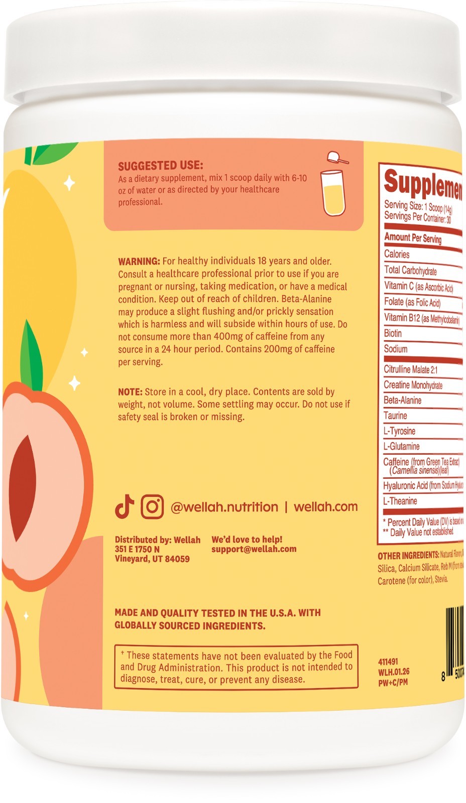 Wellah Pre-Workout + Creatine Powder (30 Servings) Peach Mango – 200mg Caffeine