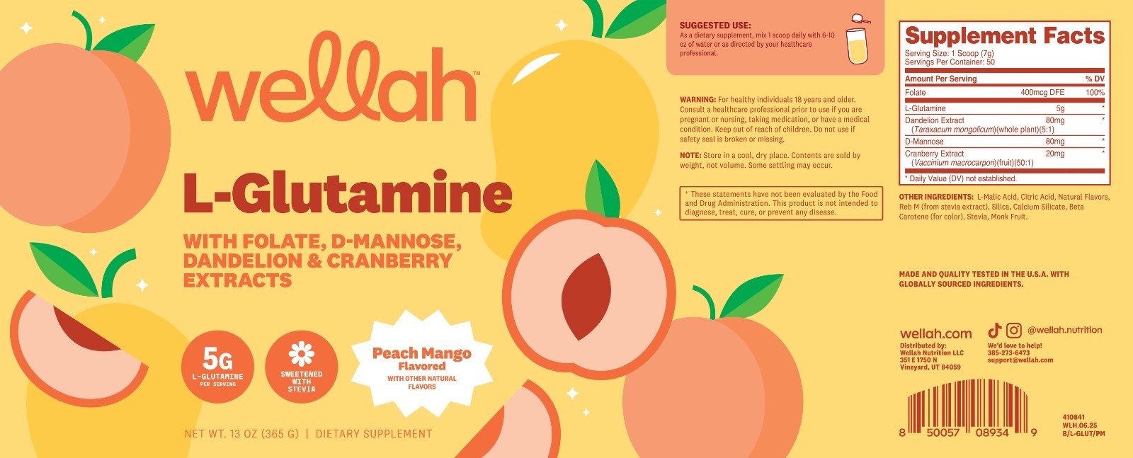 Wellah L-Glutamine Peach Mango (50 Servings) – 5g L-Glutamine Per Serving, Sweet