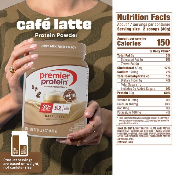 Premier Protein 100% Whey Protein Powder, Café Latte, 30g Protein, 23.9oz, 1.5Lb