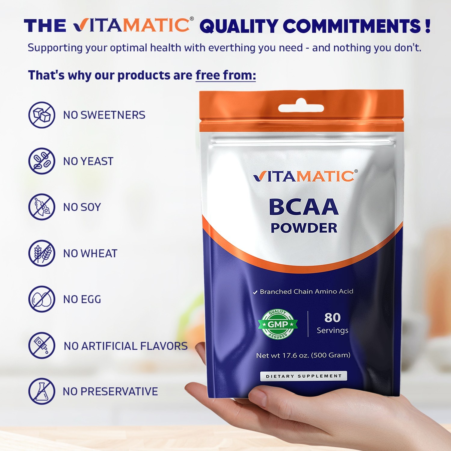 Vitamatic BCAA Powder – 2:1:1 Instantized Branched Chain Amino Acid – 500 Gram