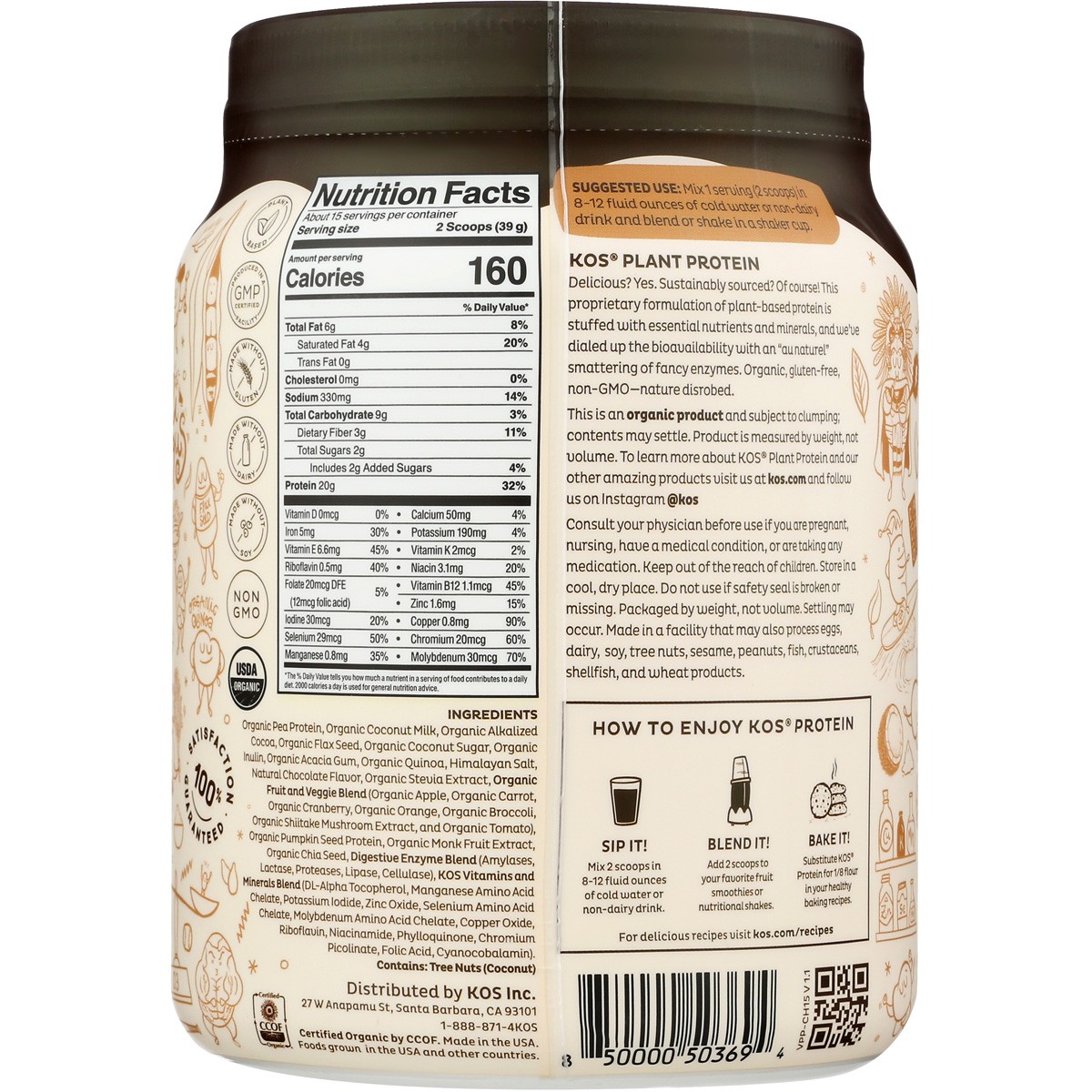 Kos Natural Powered Organic Plant Protein Powder Chocolate 20.6 Oz 1 Pack