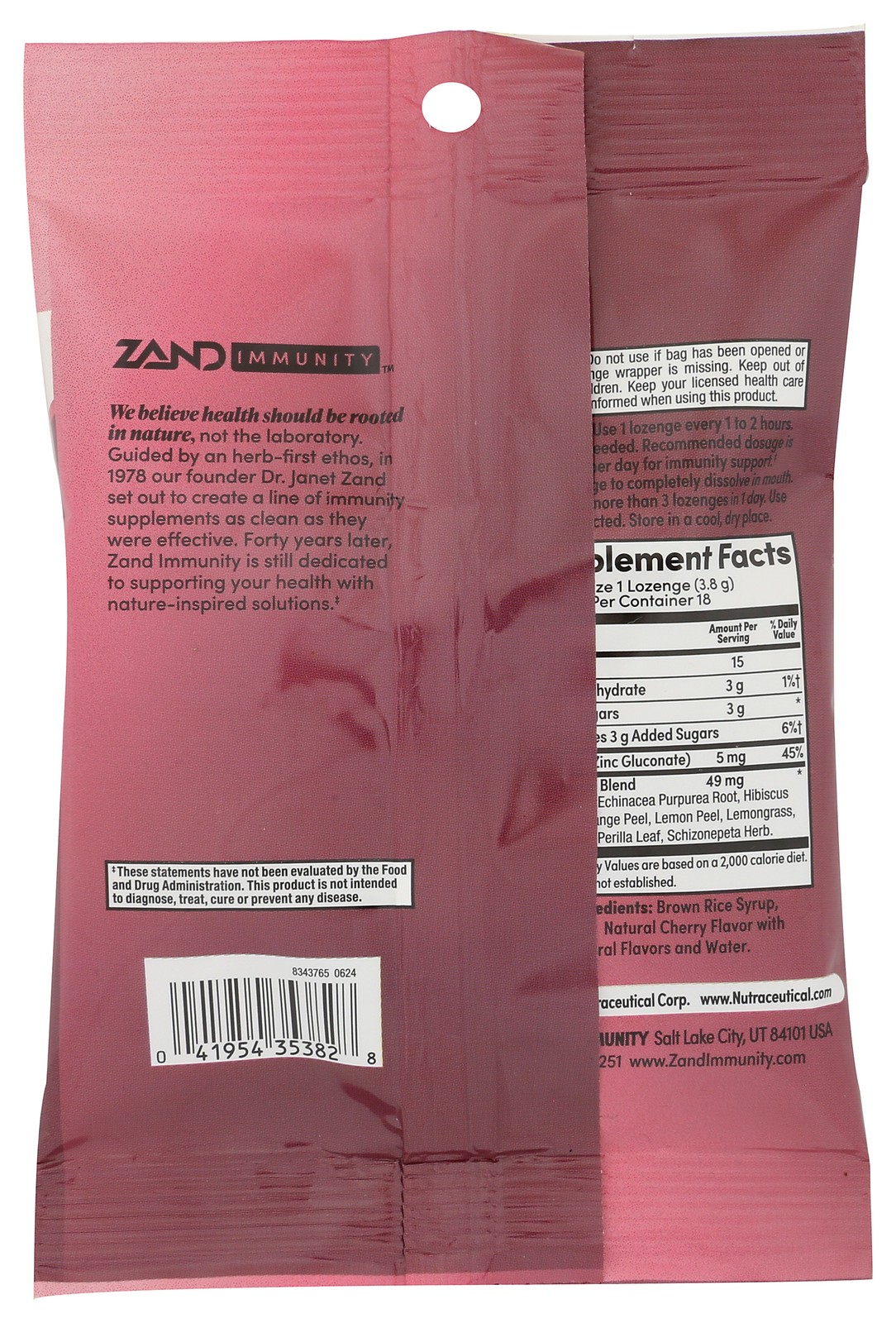 Cherry Echinacea Zinc Dietary Supplement Lozenges By Zand 18 Count 12 Pack