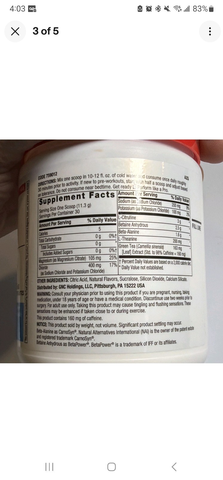 GNC Pro Performance Pre-workout Blue Raspberry Power and Hydration Exp 12/2026