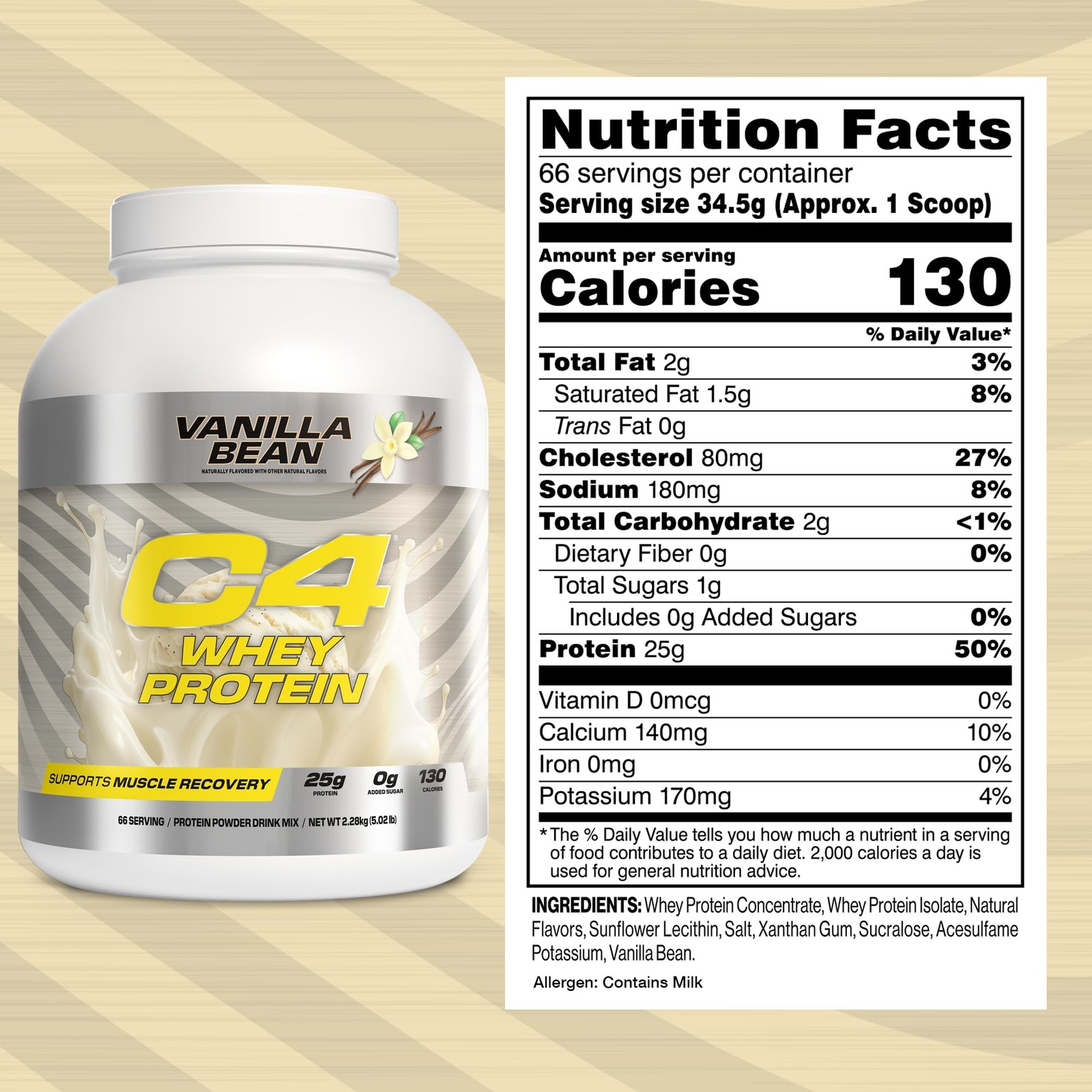 Cellucor Whey Protein Powder, Vanilla Bean – 25g Protein, 0g Added Sugar, 130…