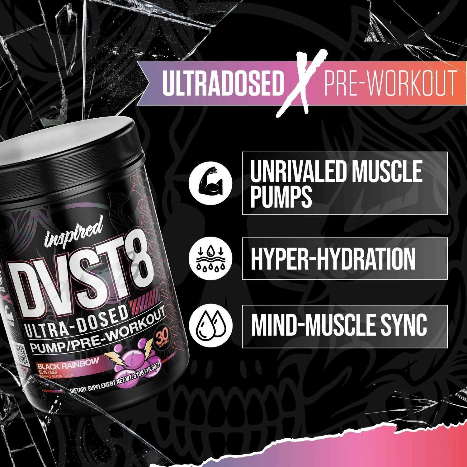 DVST8 ULTRA-DOSED PUMP/PRE-WORKOUT FORMULA Inspired Nutra Black Rainbow