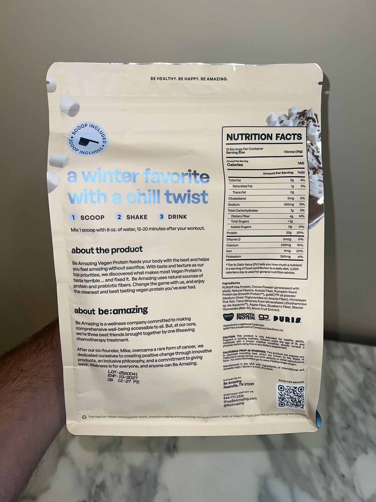Be Amazing Vegan Plant-Based Protein Powder – Frozen Hot Chocolate – 15 Servings