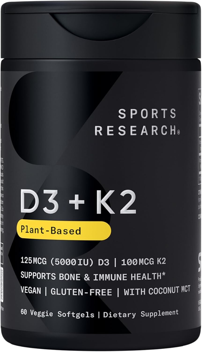 Sports Research Vegan Vitamin D3 K2 5000IU 60 Plant gels Non-GMO Soy-Free