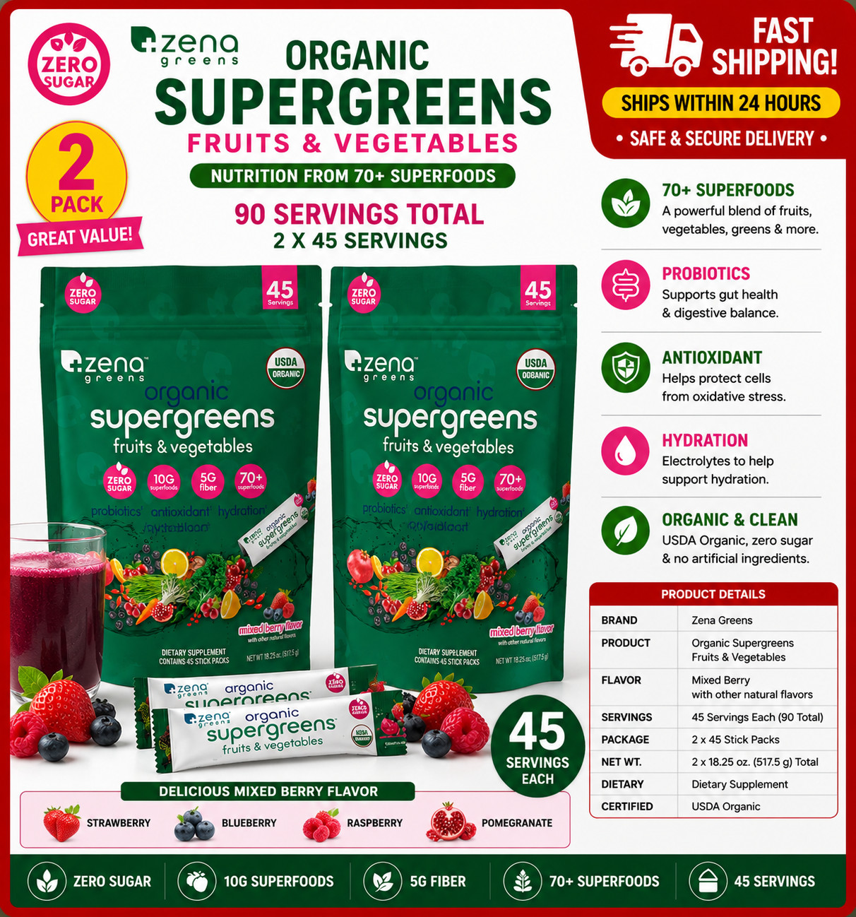2 Pack Zena USDA Organic Supergreen Fruits & Vegetables Powder, 45 Stick Packets
