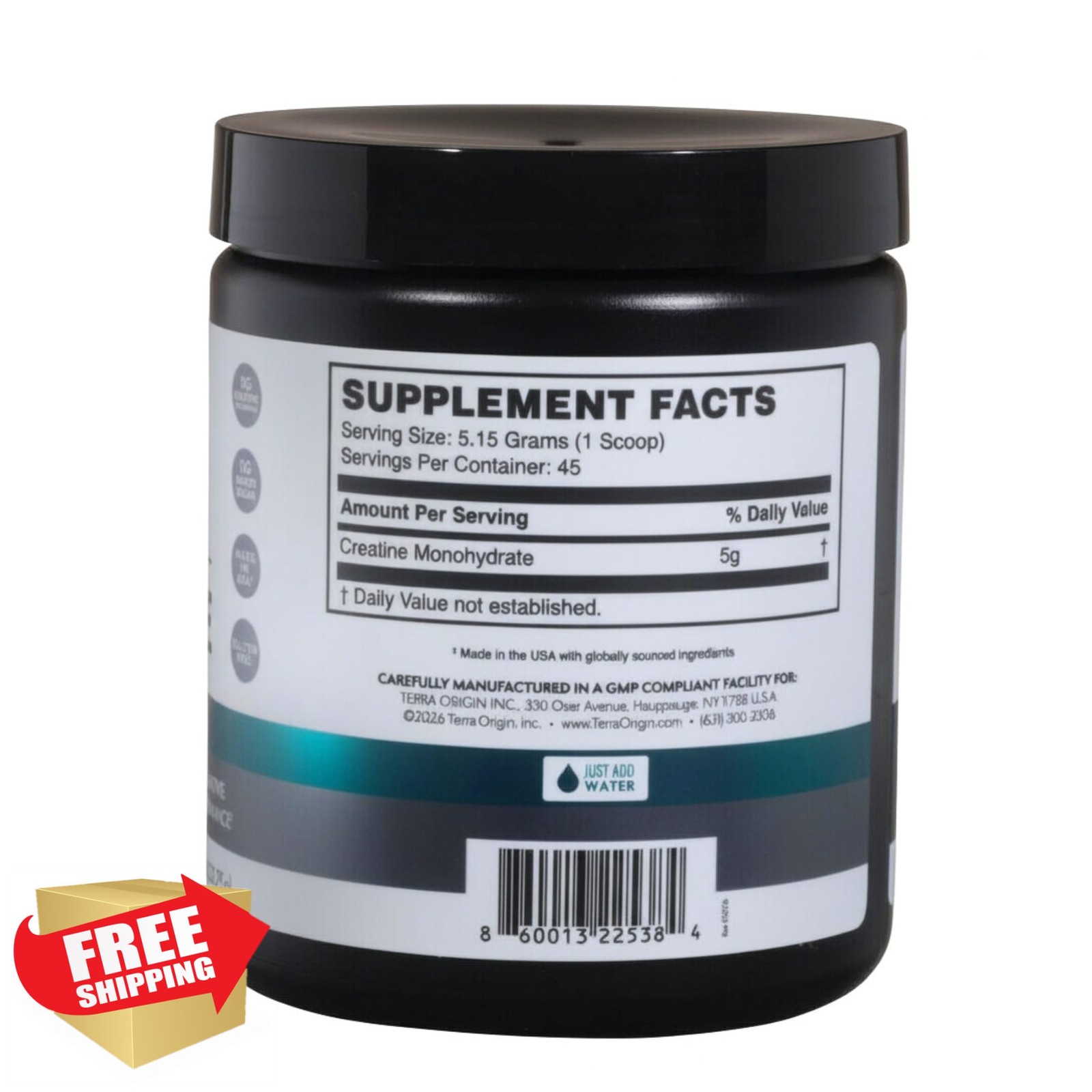 TERRA ORIGIN Creatine Monohydrate Powder Unflavored 45 Servings Gluten Free