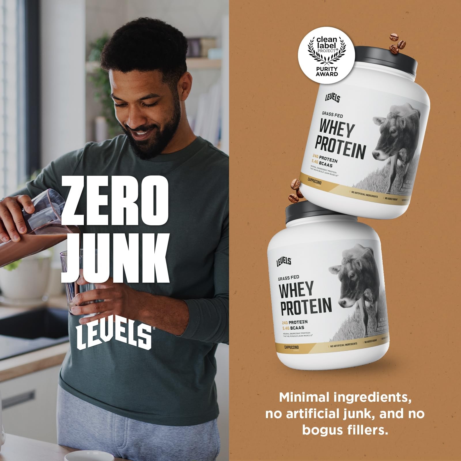 Levels Grass Fed Whey Protein Powder No Artificials 24G of Protein Cappuccino…