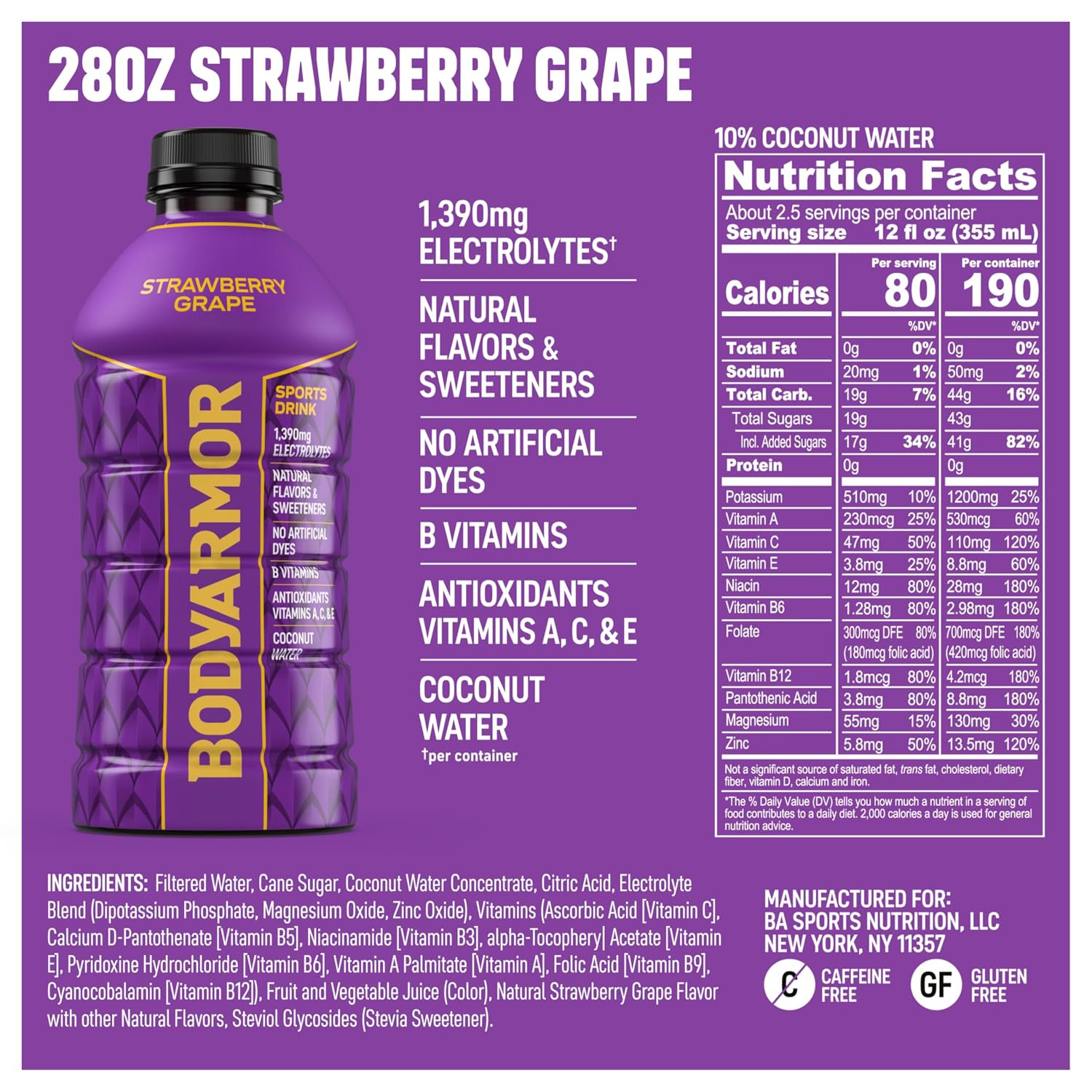 BODYARMOR Sports Drink, Strawberry Grape, 15-Pack of 28 Fl Oz Hydration Bottles