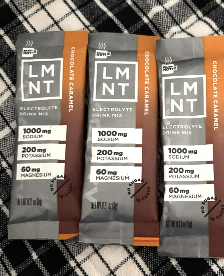 LOT of 3 LMNT ELECTROLYTE Chocolate Caramel HOT COLD Hydration Drink Packet SALT