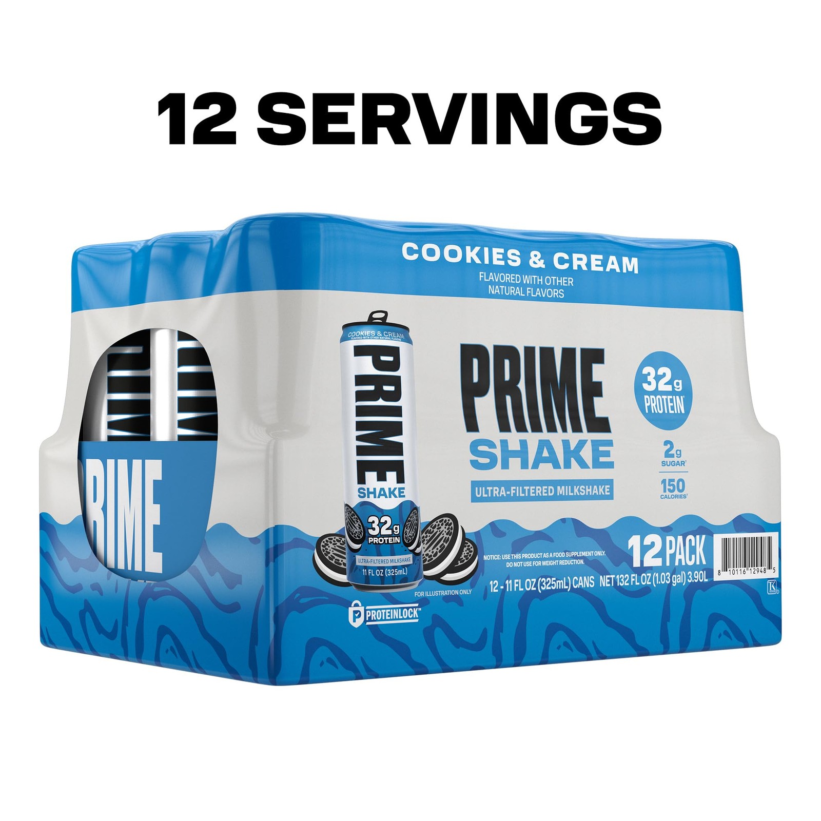 PRIME Shakes, Cookies & Cream, 32g Protein Shake for 11 Fl Oz (Pack of 12)