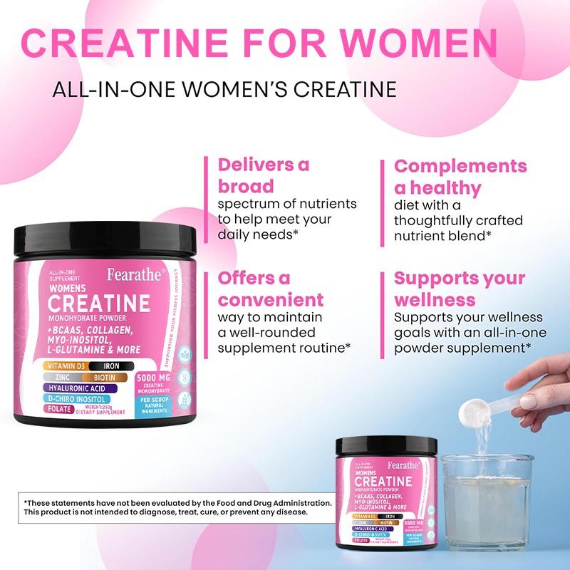 Creatine Monohydrate Powder for women, with biotin HYALURONIC ACID, L-GLUTAMINE
