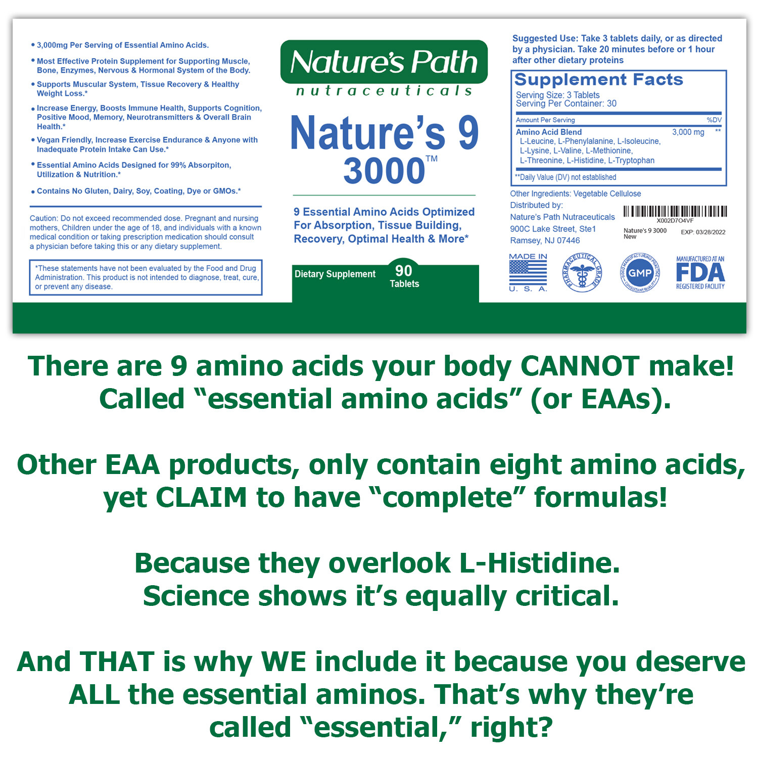 Nature’s 9 3000 Essential Amino Branch Chain Acids EAA 90 Tablets Natural Energy