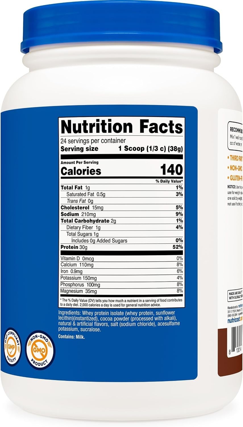 Whey Protein Isolate Milk Chocolate 2LBS Powder 30g Protein Per Serving NSF GMP