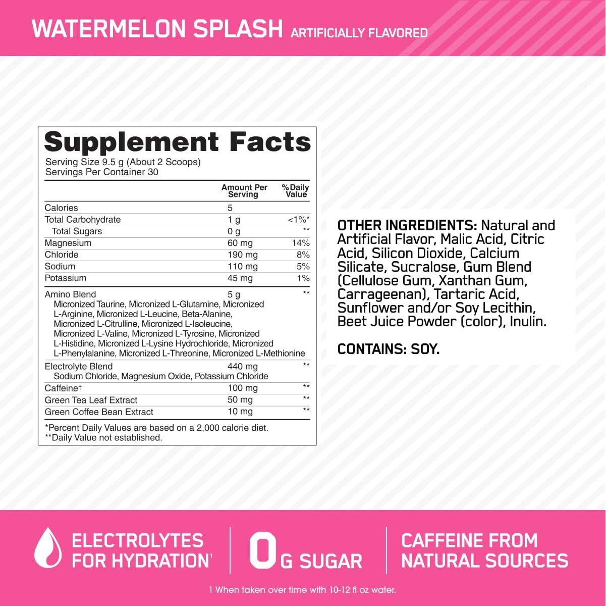 Optimum Nutrition Amino Energy Powder Plus Hydration, Watermelon Splash, 30
