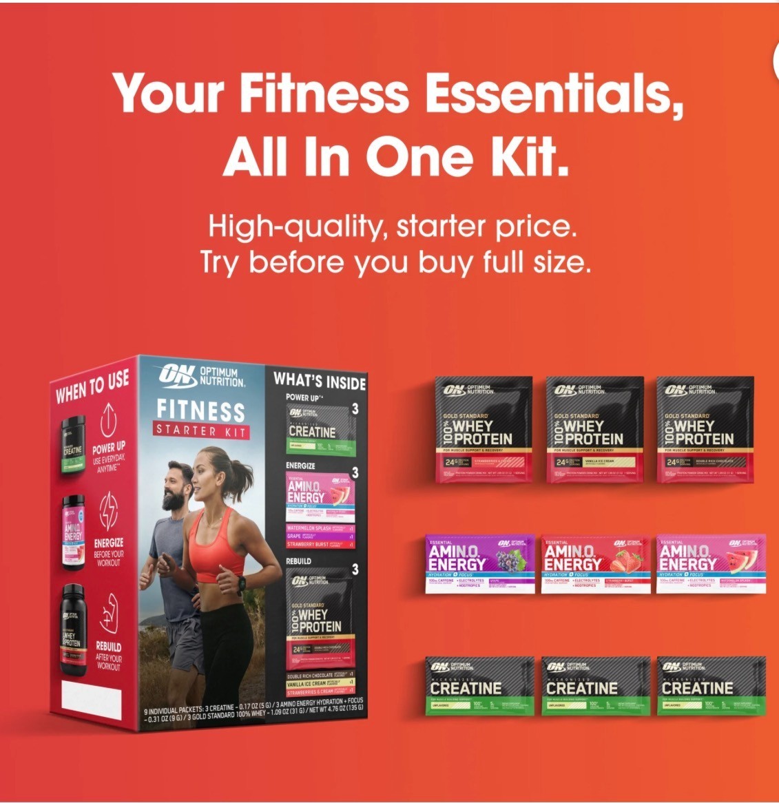 Optimum Nutrition Fitness Starter Kit Creatine Amino Energy Whey Protein Sample