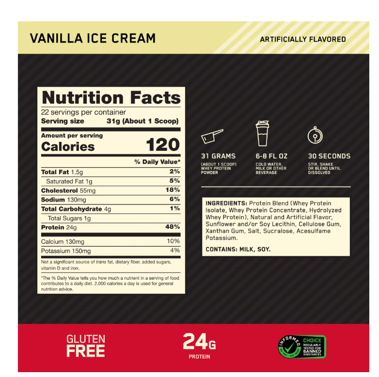 Optimum Nutrition, Gold Standard 100% Whey Protein Powder, Vanilla Ice Cream, 22