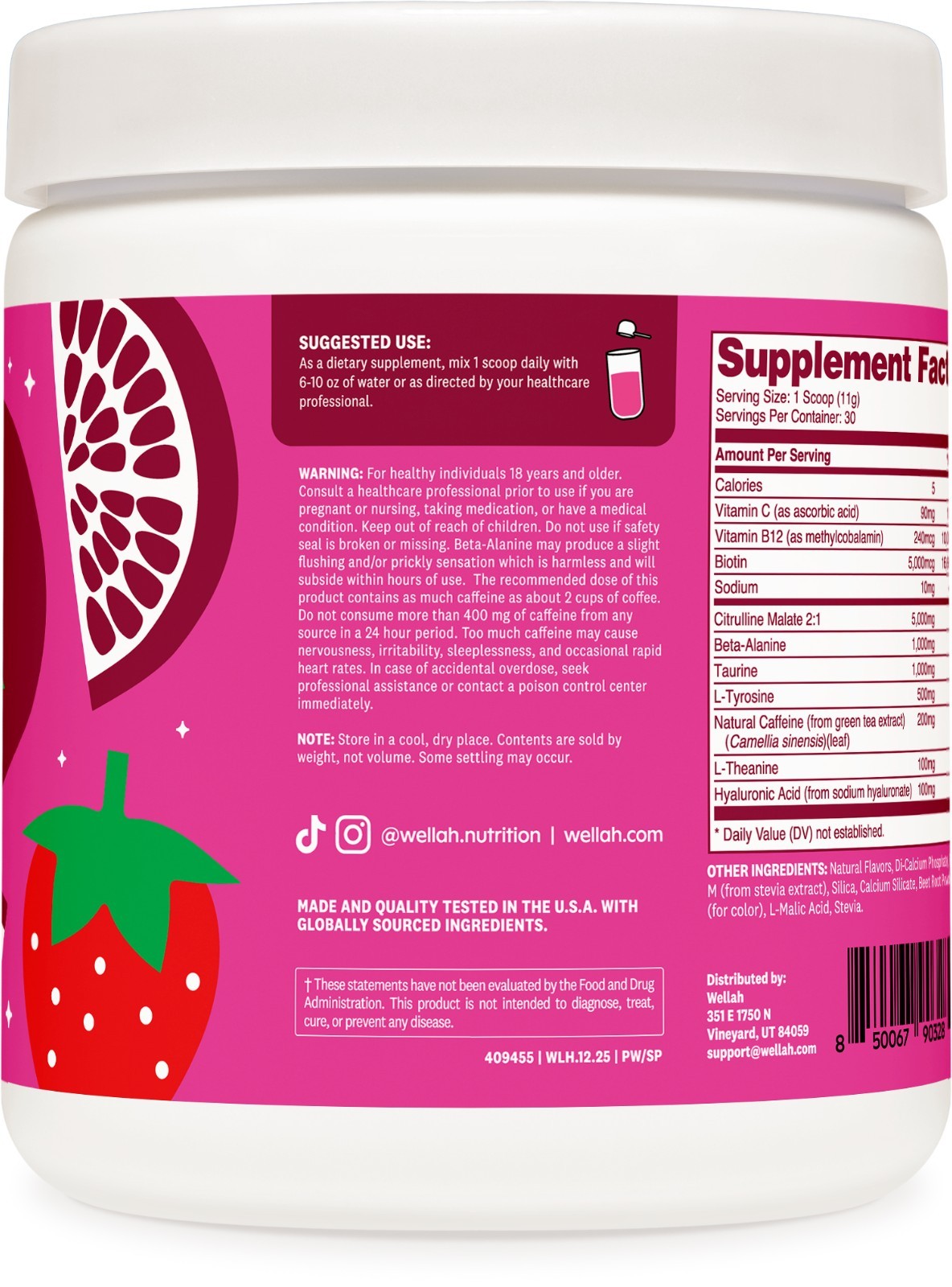 Wellah Get-Going Pre-Workout Drink Mix, Strawberry Pomegranate Flavored