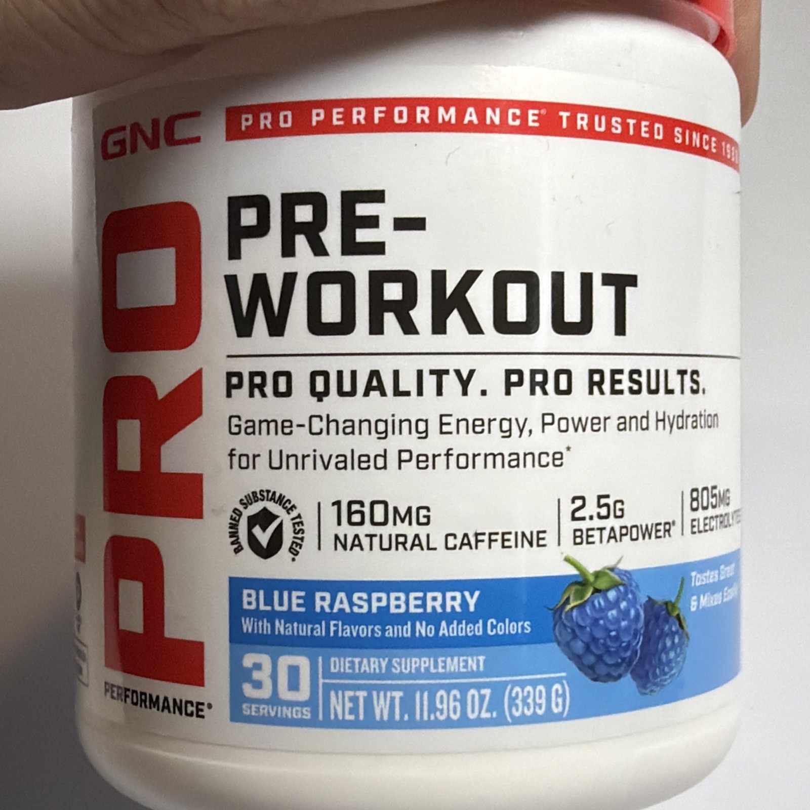 GNC Pro Pre-Workout Blue Raspberry 30 Servings Natural Caffeine 160mg 03/2027