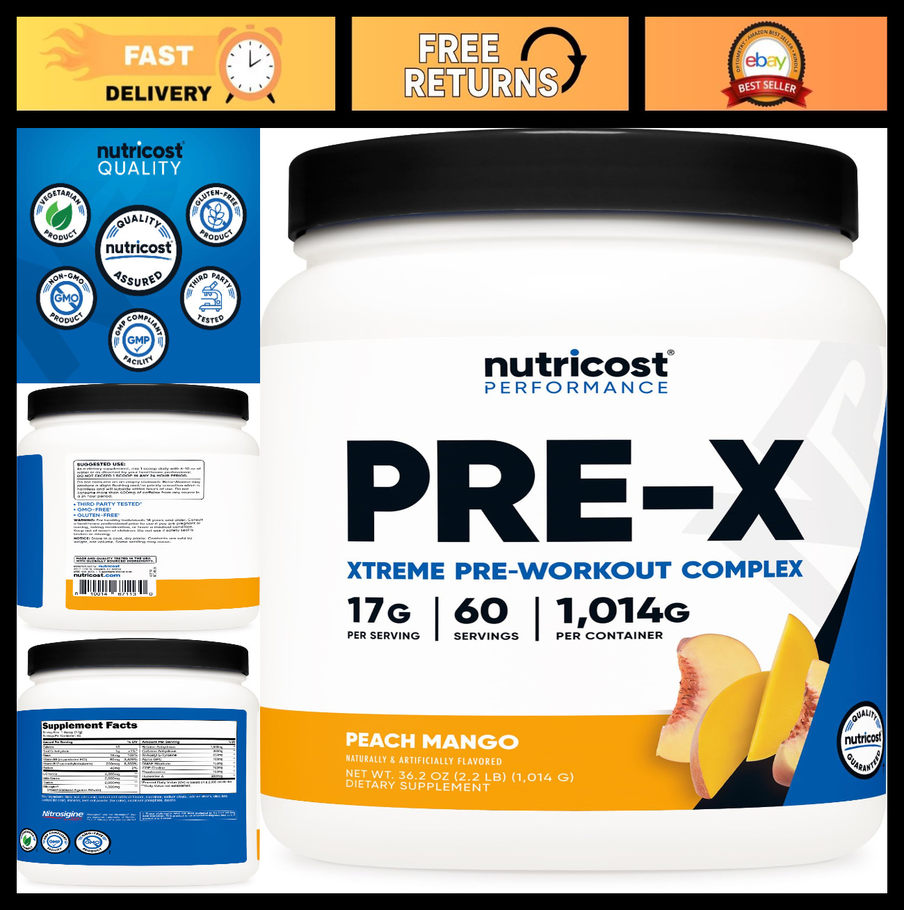 Pre-Workout Powder Complex – Peach Mango Flavor, 60 Servings, Vegan, Gluten-Free