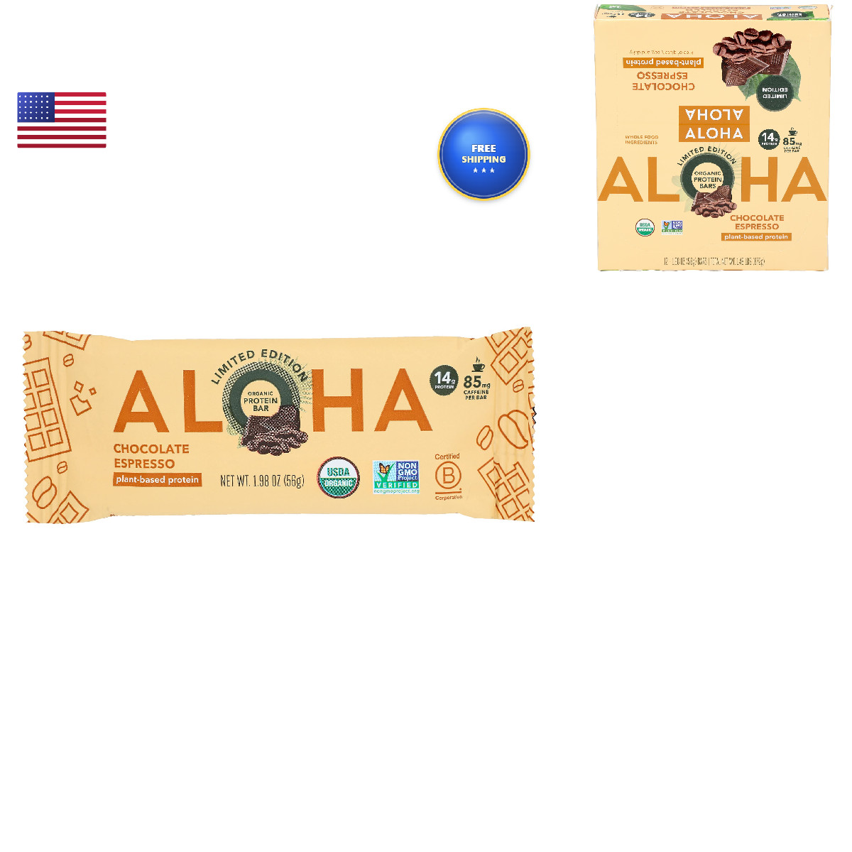 Aloha Organic Chocolate Espresso Protein Bars 14G Plant-Based Protein 85Mg