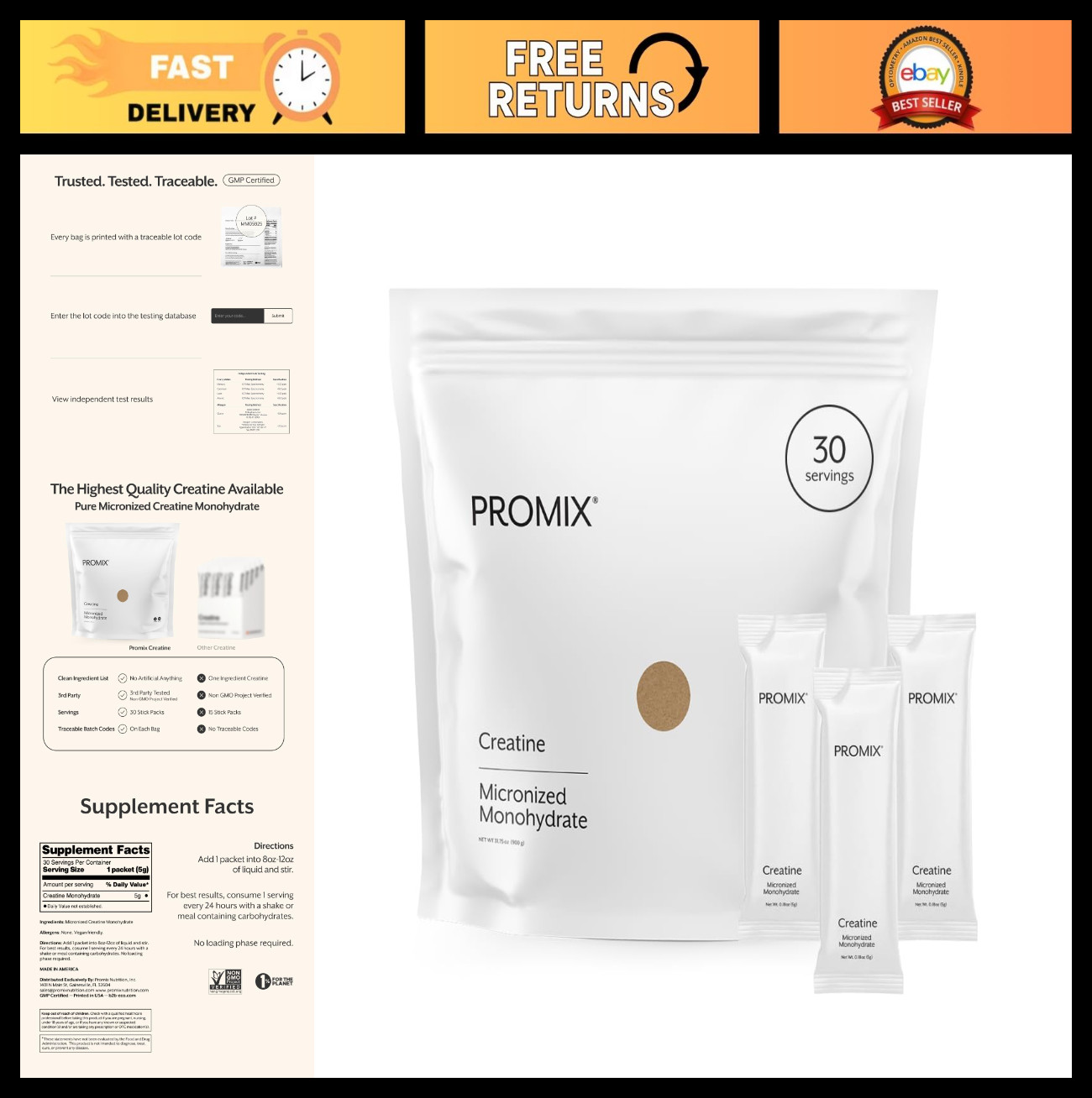 Creatine Monohydrate Powder Travel Packs – 30ct | Boost Muscle Strength & Endura